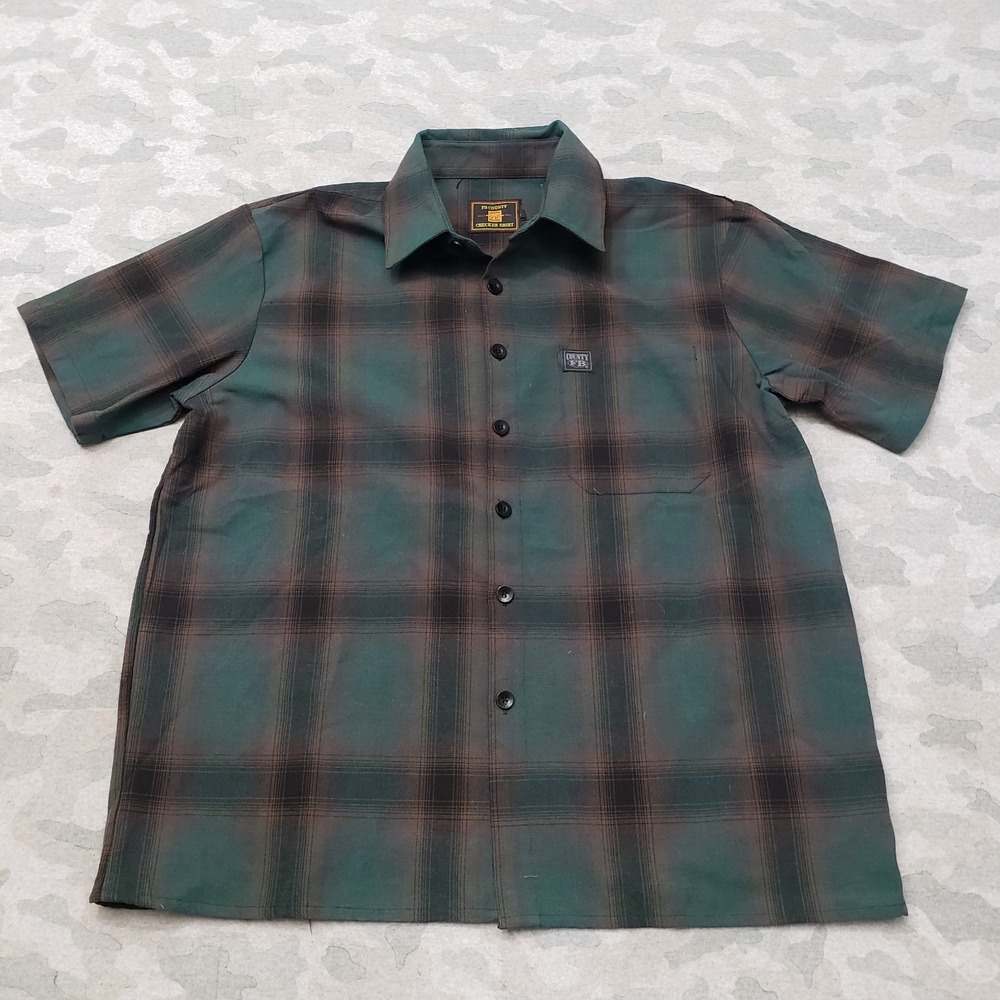FB County Shirt Mens Large Green Flannel Plaid Pockets Short Sleeve Button-Up